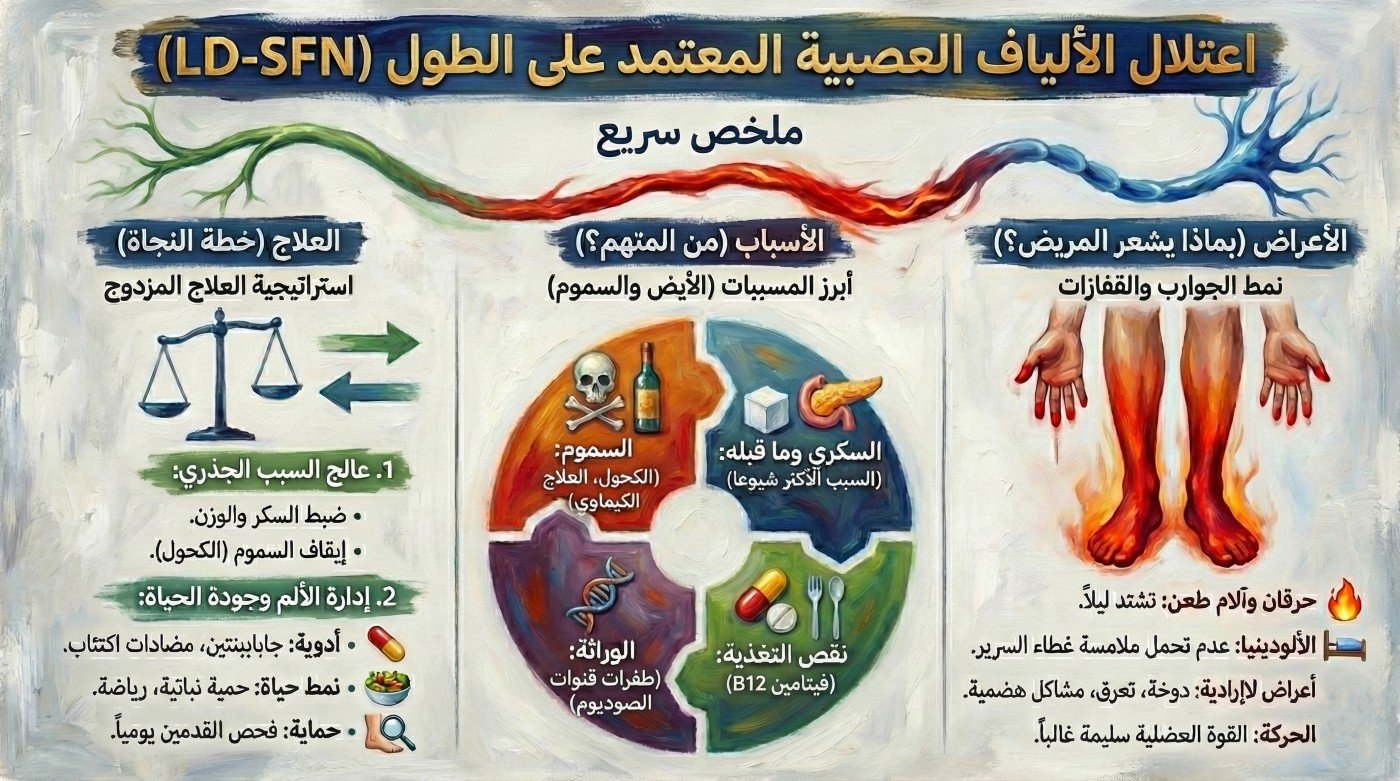 ملخص سريع اعتلال الألياف العصبية الدقيقة المعتمد على الطول Length-Dependent Small Fiber Neuropathy LD-SFN summary